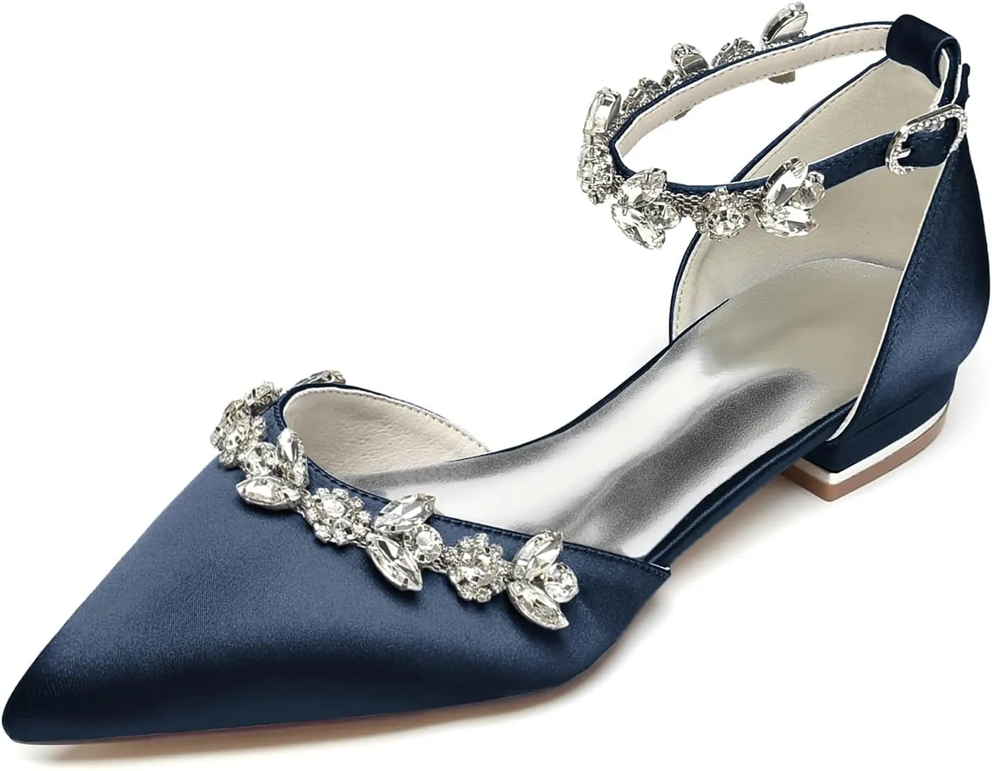 Women's Satin Pointed Toe Flats Comfortable Rhinestones Ankle Straps Wedding Flats for Bride Pump Shoes Evening Party Guest Shoes for Women