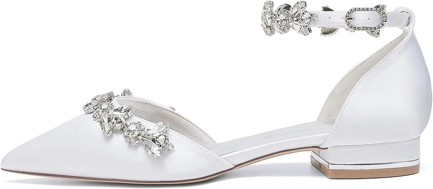 Women's Satin Pointed Toe Flats Comfortable Rhinestones Ankle Straps Wedding Flats for Bride Pump Shoes Evening Party Guest Shoes for Women