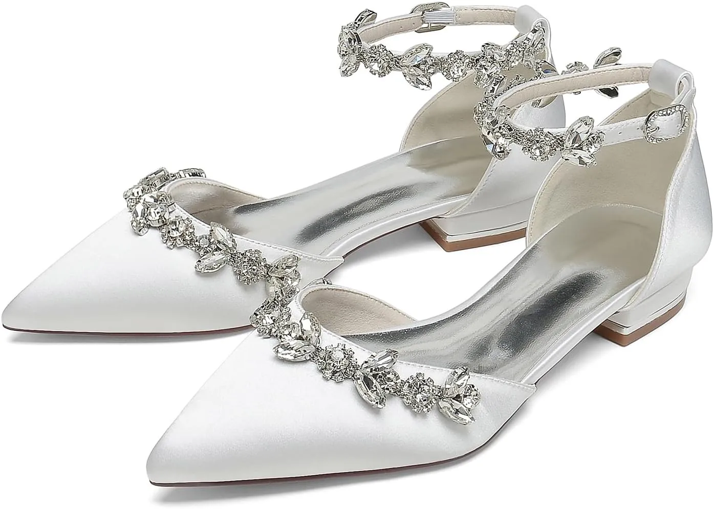 Women's Satin Pointed Toe Flats Comfortable Rhinestones Ankle Straps Wedding Flats for Bride Pump Shoes Evening Party Guest Shoes for Women