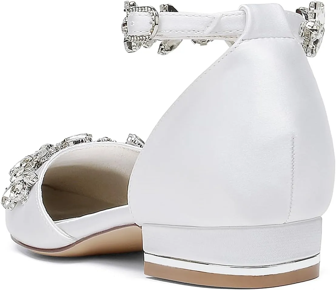 Women's Satin Pointed Toe Flats Comfortable Rhinestones Ankle Straps Wedding Flats for Bride Pump Shoes Evening Party Guest Shoes for Women