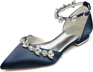 Women's Satin Pointed Toe Flats Comfortable Rhinestones Ankle Straps Wedding Flats for Bride Pump Shoes Evening Party Guest Shoes for Women