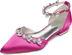 Women's Satin Pointed Toe Flats Comfortable Rhinestones Ankle Straps Wedding Flats for Bride Pump Shoes Evening Party Guest Shoes for Women