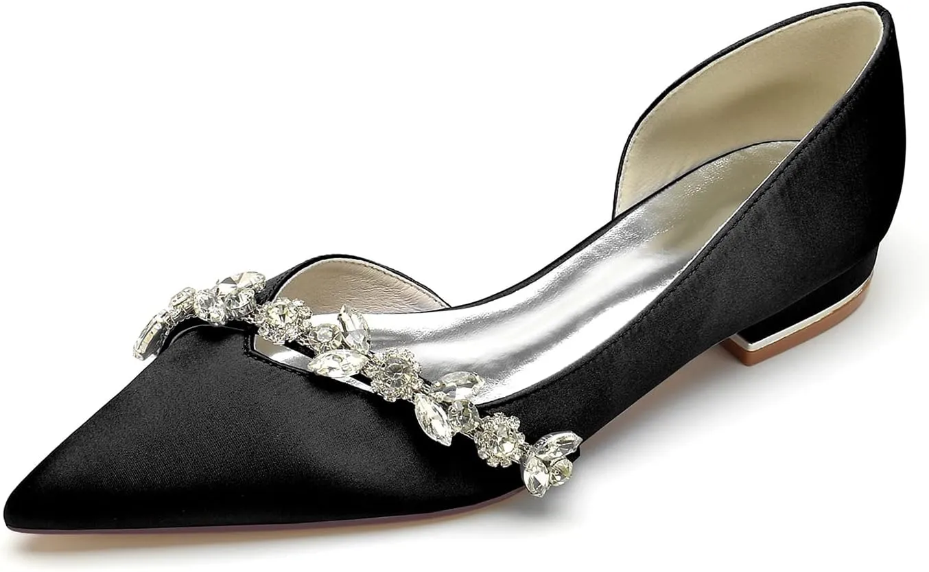 Women's Satin Wedding Flats Crystal Pointed Toe Pumps Shoes for Bride Prom Evening Party Dress Flats Sandals