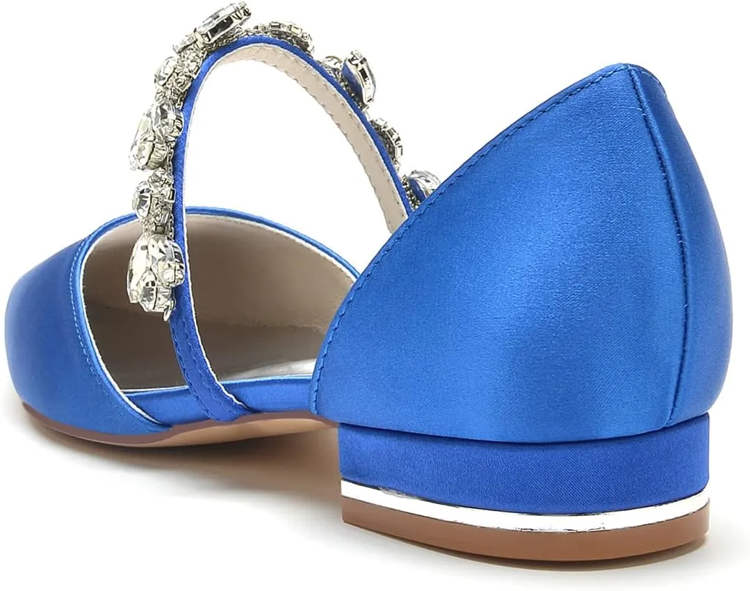 Women's Satin Wedding Flats Pointed Toe Pumps for Bride Rhinestones Bridal Shoes for Women Comfortable Evening Prom Party Dress Pumps