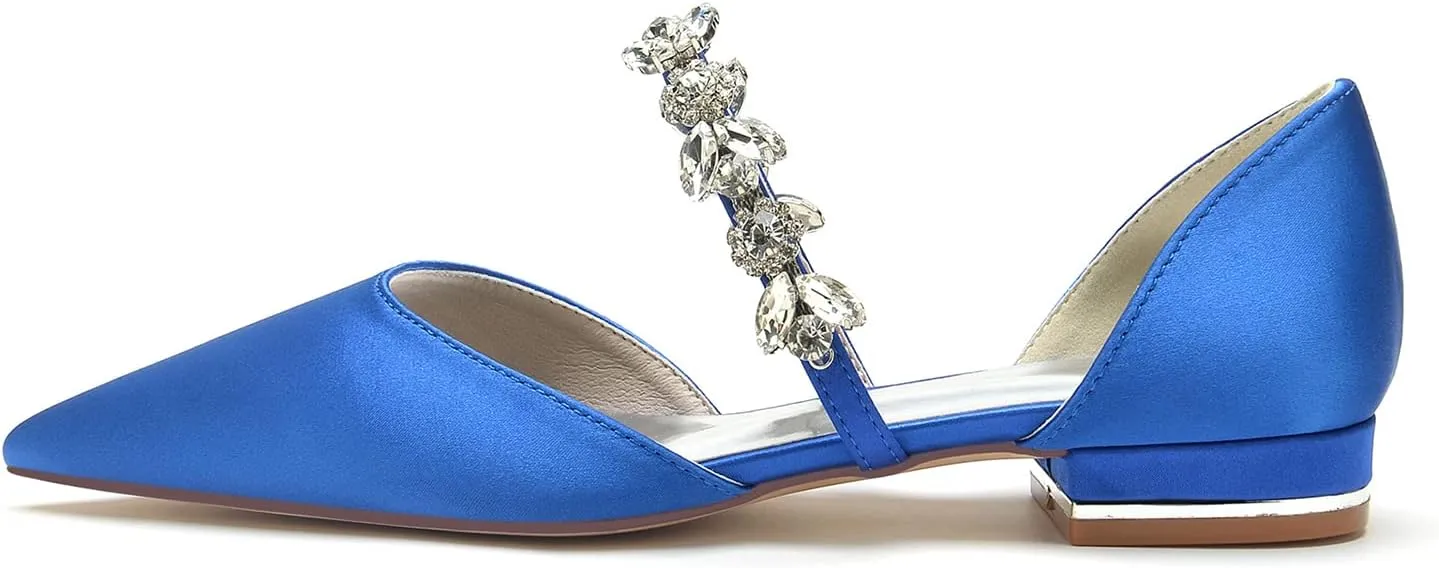 Women's Satin Wedding Flats Pointed Toe Pumps for Bride Rhinestones Bridal Shoes for Women Comfortable Evening Prom Party Dress Pumps