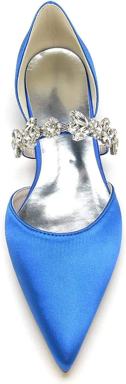 Women's Satin Wedding Flats Pointed Toe Pumps for Bride Rhinestones Bridal Shoes for Women Comfortable Evening Prom Party Dress Pumps