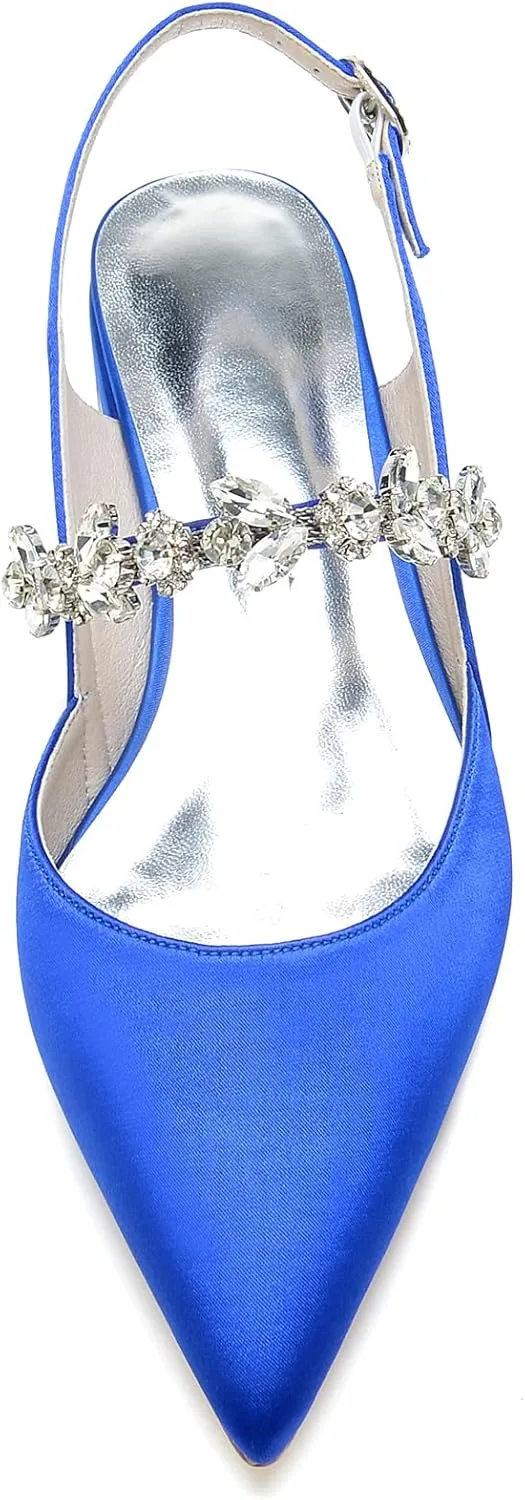 Women's Satin Wedding Flats Pointed Toe Slingback Flats for Bride Rhinestone Bridal Shoes Evening Prom Party Dress Shoes Pumps