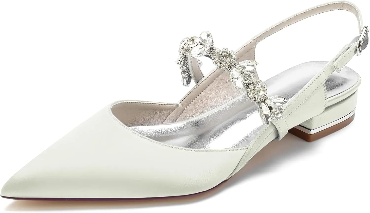 Women's Satin Wedding Flats Pointed Toe Slingback Flats for Bride Rhinestone Bridal Shoes Evening Prom Party Dress Shoes Pumps