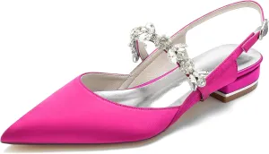 Women's Satin Wedding Flats Pointed Toe Slingback Flats for Bride Rhinestone Bridal Shoes Evening Prom Party Dress Shoes Pumps