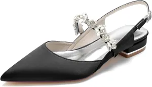 Women's Satin Wedding Flats Pointed Toe Slingback Flats for Bride Rhinestone Bridal Shoes Evening Prom Party Dress Shoes Pumps