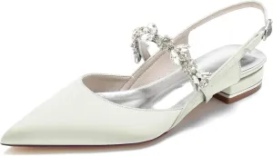 Women's Satin Wedding Flats Pointed Toe Slingback Flats for Bride Rhinestone Bridal Shoes Evening Prom Party Dress Shoes Pumps