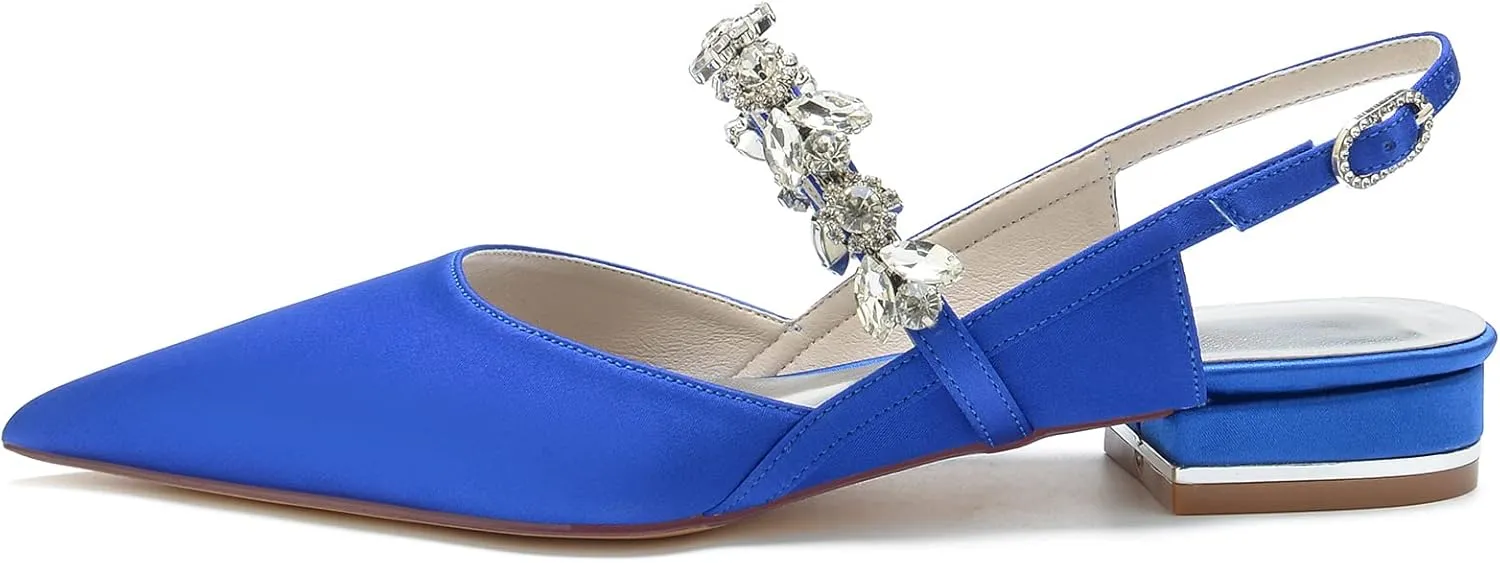 Women's Satin Wedding Flats Pointed Toe Slingback Flats for Bride Rhinestone Bridal Shoes Evening Prom Party Dress Shoes Pumps