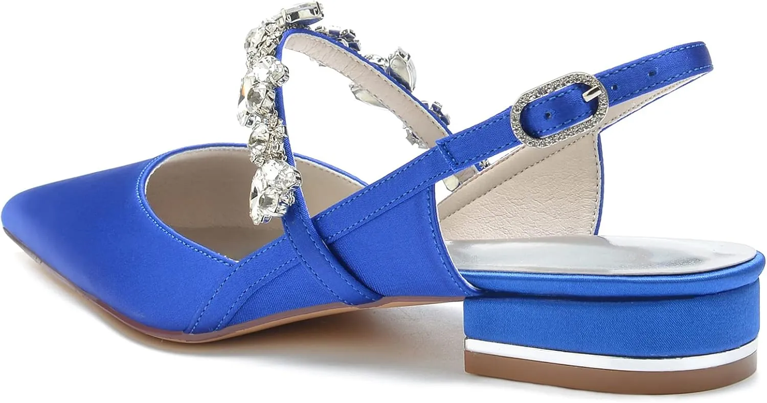 Women's Satin Wedding Flats Pointed Toe Slingback Flats for Bride Rhinestone Bridal Shoes Evening Prom Party Dress Shoes Pumps