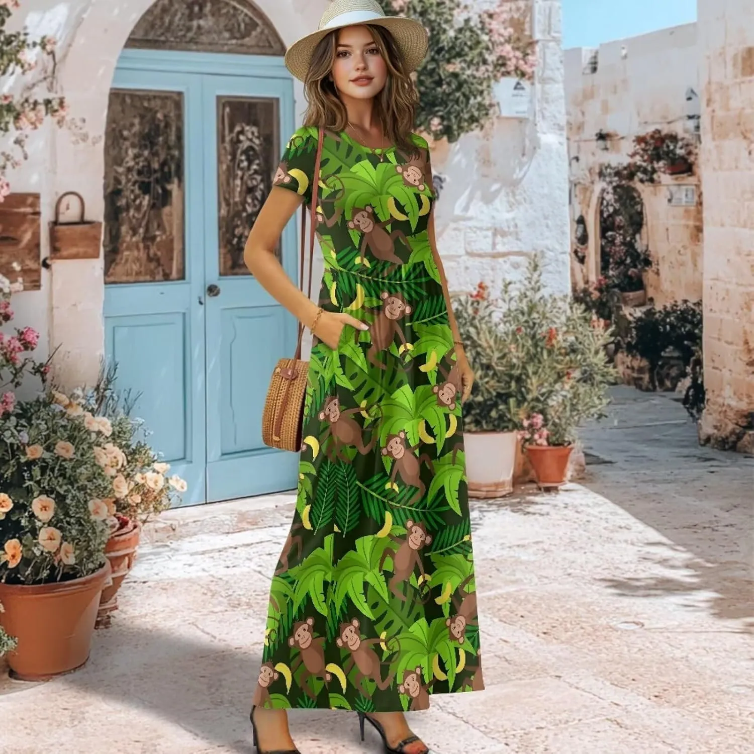 Women's Short Sleeve Loose Casual Long Maxi Dresses for Women 2025 Mushroom Pattern Summer Dress
