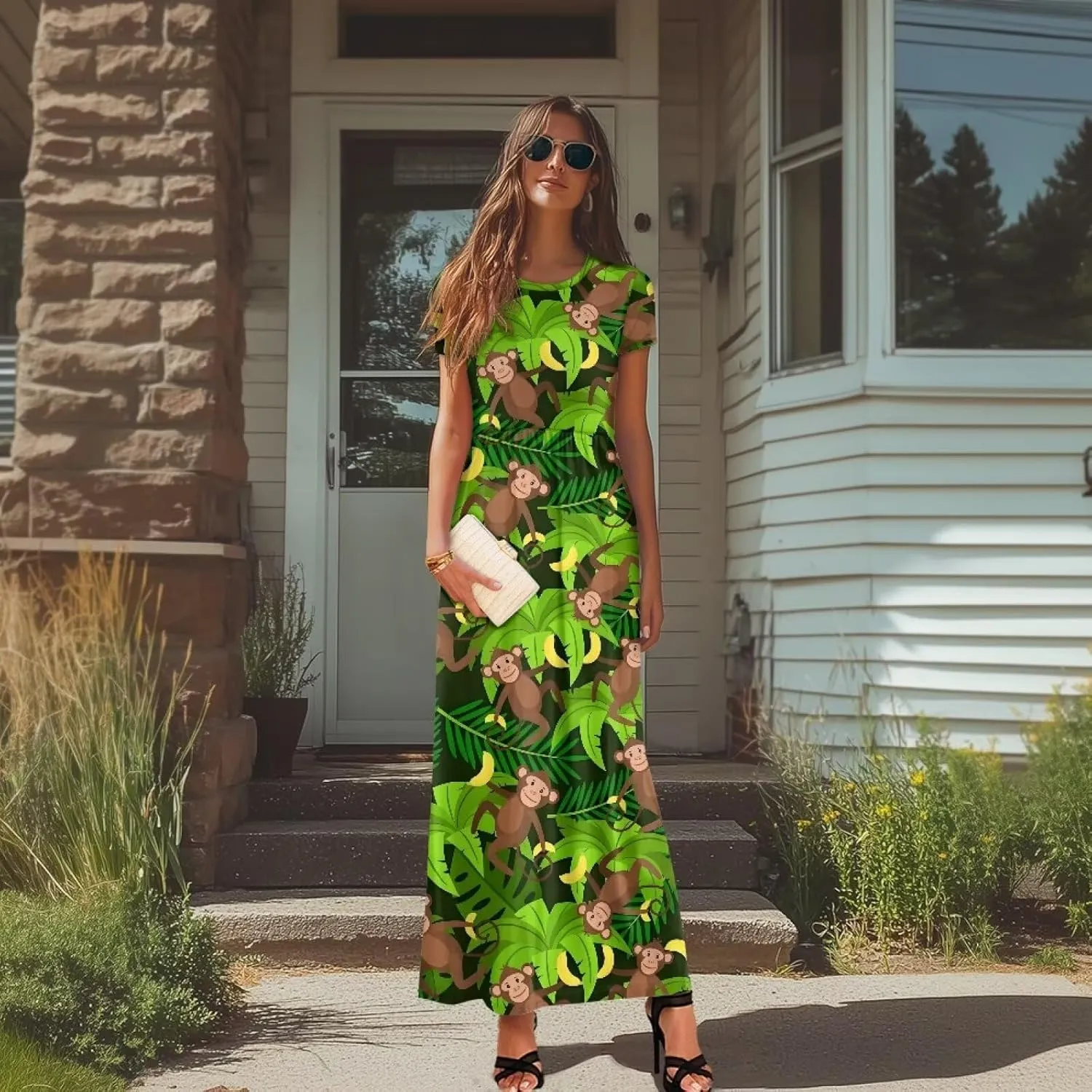 Women's Short Sleeve Loose Casual Long Maxi Dresses for Women 2025 Mushroom Pattern Summer Dress