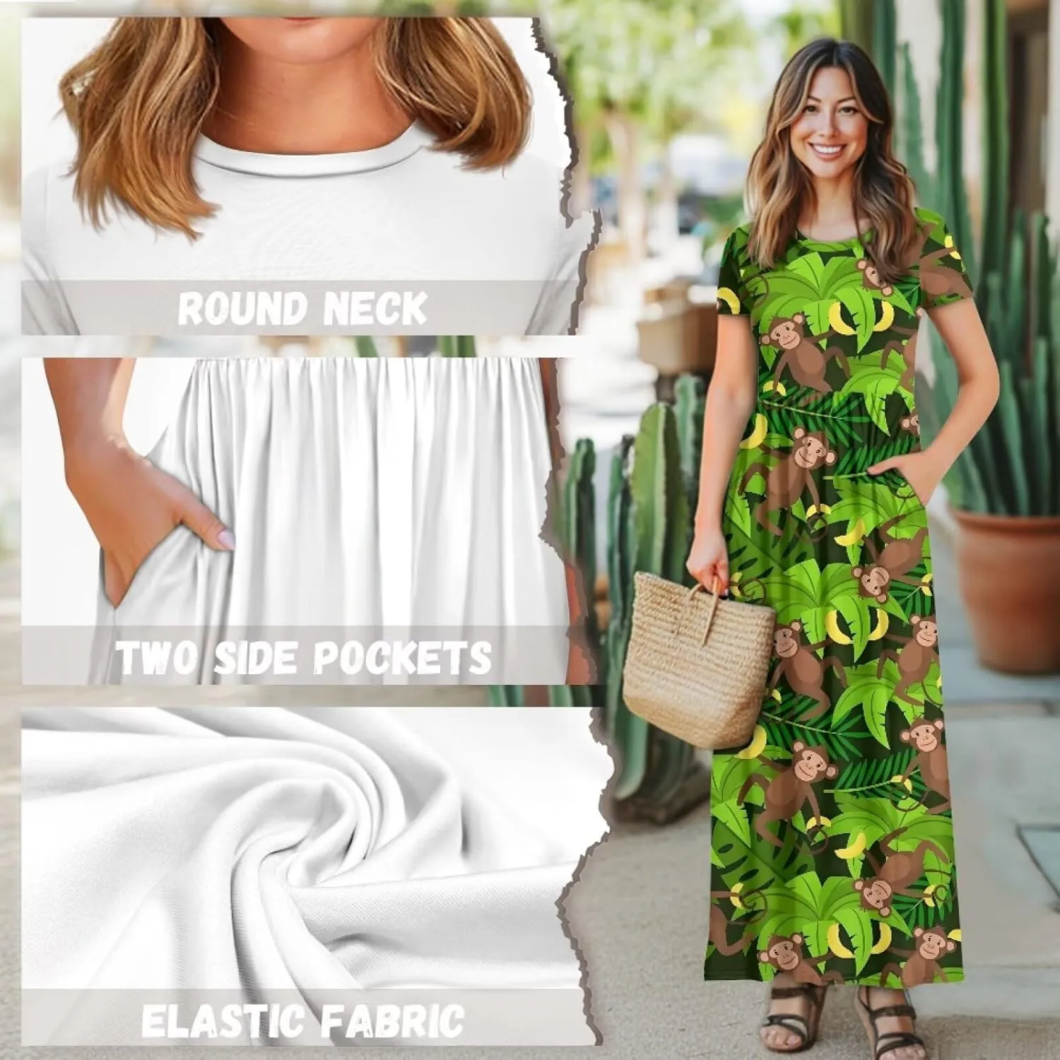 Women's Short Sleeve Loose Casual Long Maxi Dresses for Women 2025 Mushroom Pattern Summer Dress