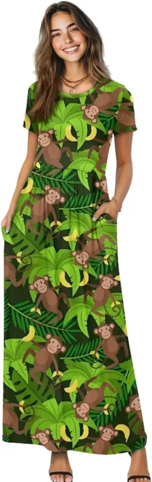 Women's Short Sleeve Loose Casual Long Maxi Dresses for Women 2025 Mushroom Pattern Summer Dress