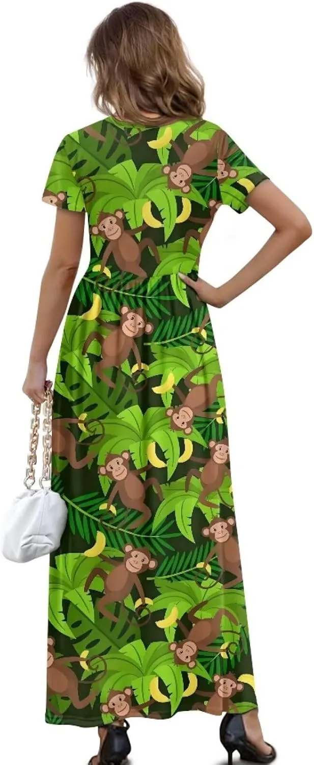 Women's Short Sleeve Loose Casual Long Maxi Dresses for Women 2025 Mushroom Pattern Summer Dress