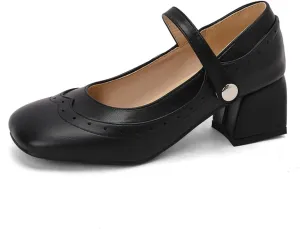 Women's Square Closed Toe Low Chunky Heels Block Mary Jane Pumps Classic Vintage Wingtip Ankle Strap Buckle Casual Office Work Dress Shoes
