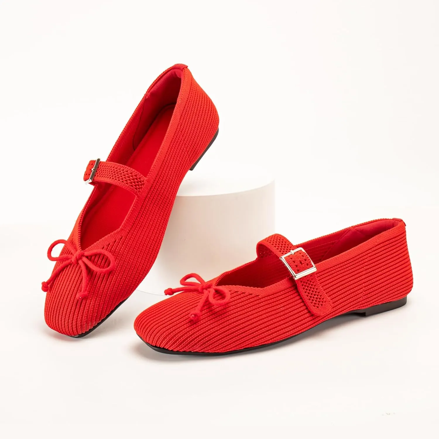 Women's Square Toe Flats With Bowknot, Mary Jane Ballet Washable Knit Shoes, Adjustable Straps, Comfortable Office Wear