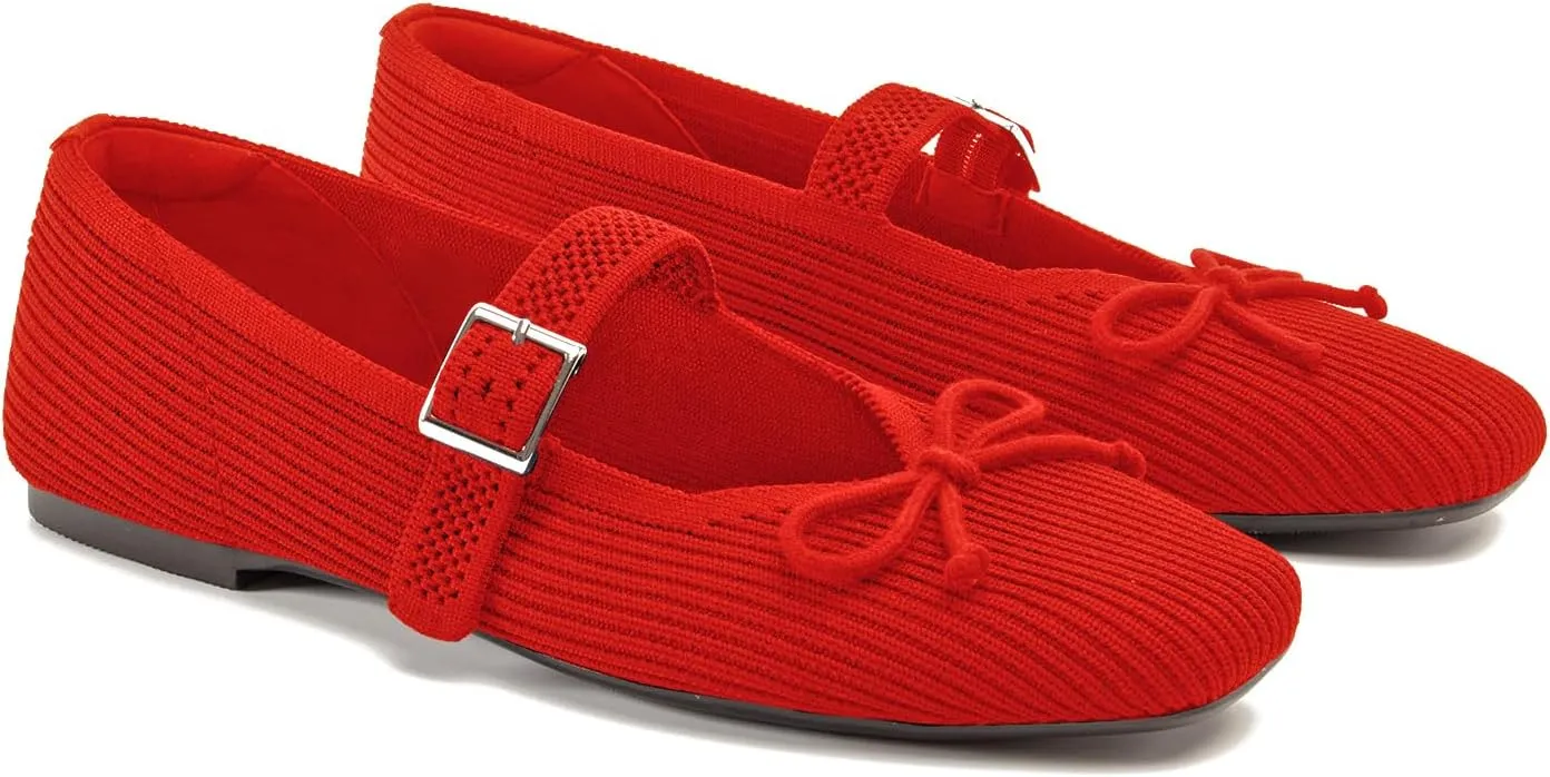 Women's Square Toe Flats With Bowknot, Mary Jane Ballet Washable Knit Shoes, Adjustable Straps, Comfortable Office Wear
