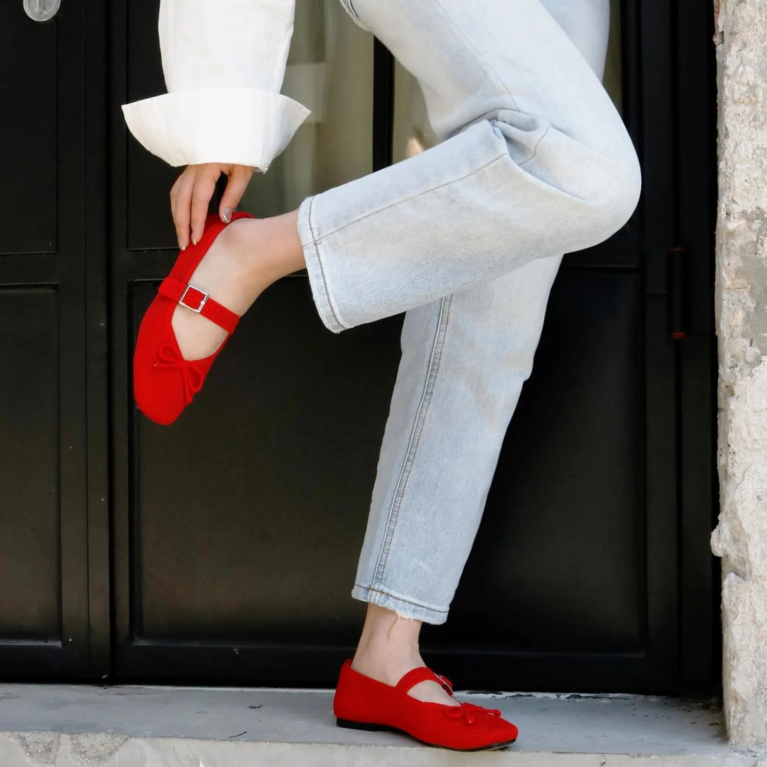 Women's Square Toe Flats With Bowknot, Mary Jane Ballet Washable Knit Shoes, Adjustable Straps, Comfortable Office Wear