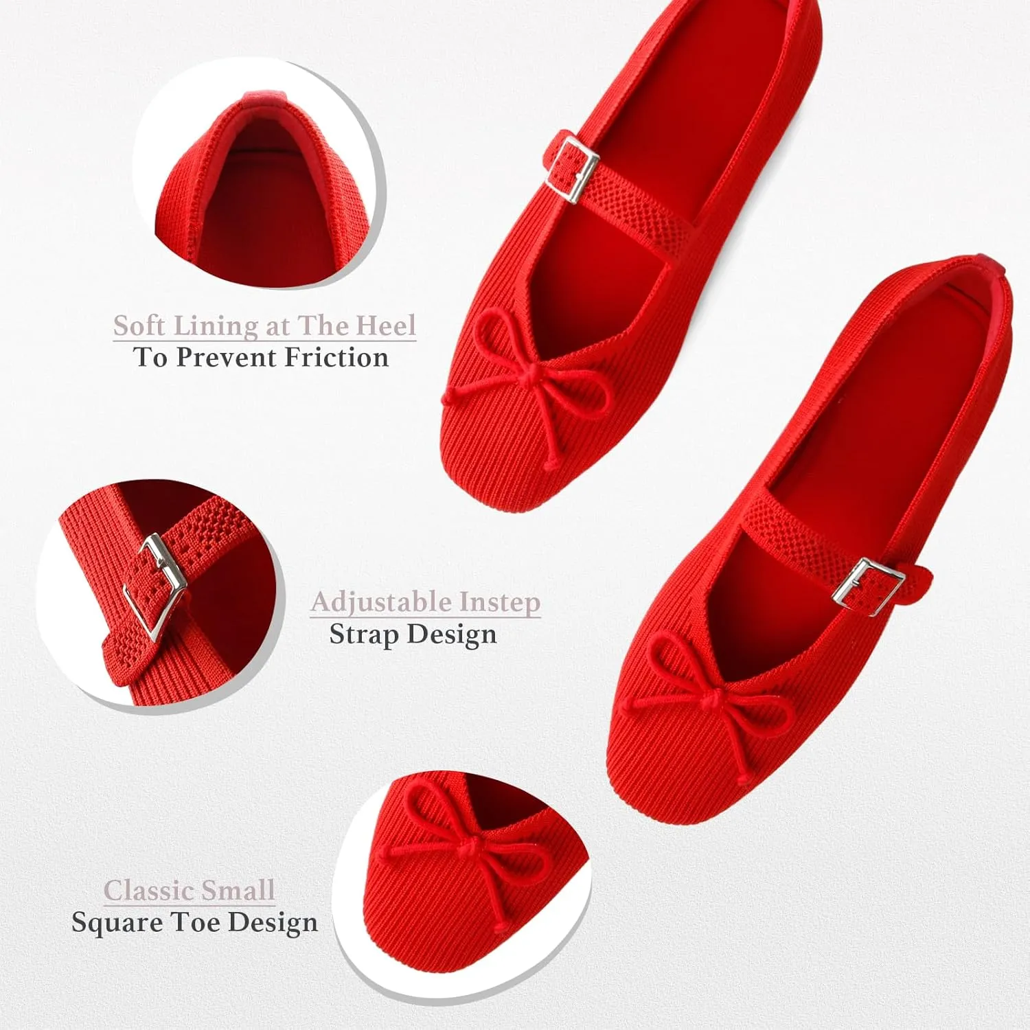 Women's Square Toe Flats With Bowknot, Mary Jane Ballet Washable Knit Shoes, Adjustable Straps, Comfortable Office Wear
