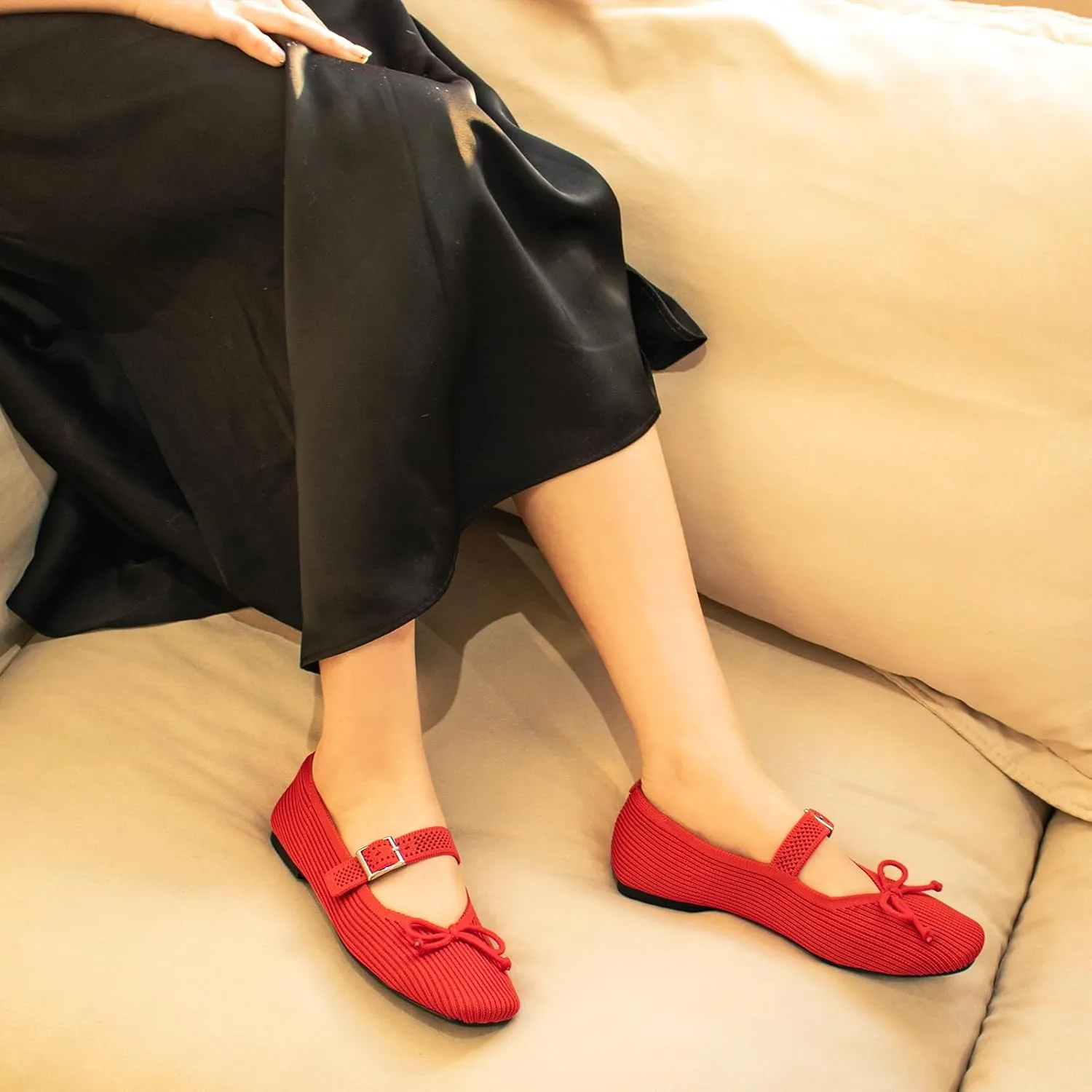 Women's Square Toe Flats With Bowknot, Mary Jane Ballet Washable Knit Shoes, Adjustable Straps, Comfortable Office Wear