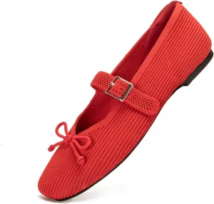Women's Square Toe Flats With Bowknot, Mary Jane Ballet Washable Knit Shoes, Adjustable Straps, Comfortable Office Wear