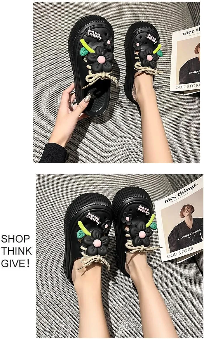 Women's Sunflower Decorated Thick-Soled Clogs, Fashionable Closed-Toe Summer Beach Slippers, Fashionable Outdoor Lace-up Beach Garden Sandals