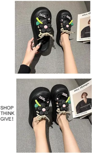 Women's Sunflower Decorated Thick-Soled Clogs, Fashionable Closed-Toe Summer Beach Slippers, Fashionable Outdoor Lace-up Beach Garden Sandals