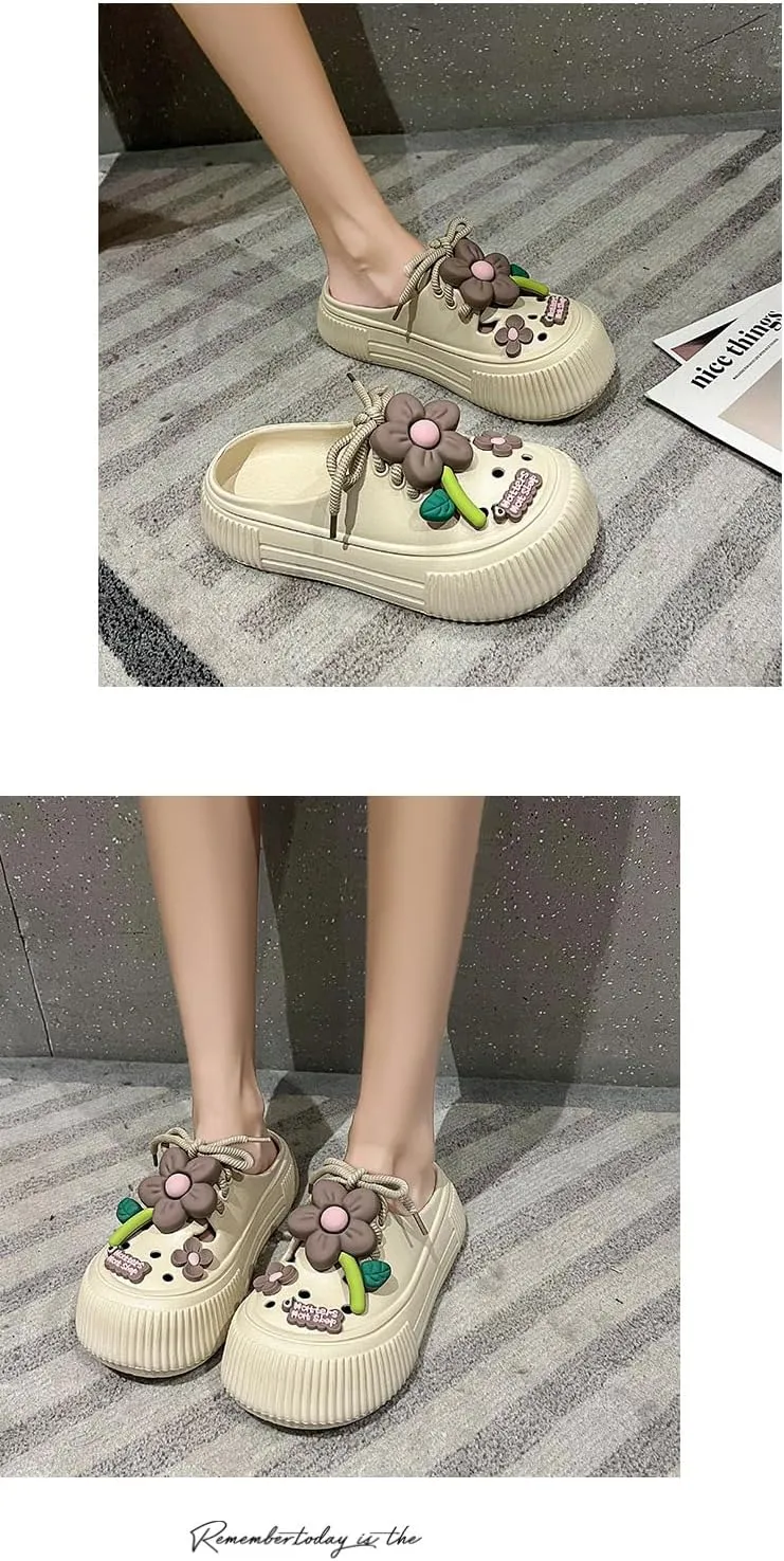Women's Sunflower Decorated Thick-Soled Clogs, Fashionable Closed-Toe Summer Beach Slippers, Fashionable Outdoor Lace-up Beach Garden Sandals