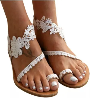 Women's Toe Ring Summer Beach Dressy Shoes Bohemia Casual Lace Flowers Flat Thong Roman Wedding Flip Flops Comfy Slip on Sandals Outdoor Beach Shoes,White,US9/EU40