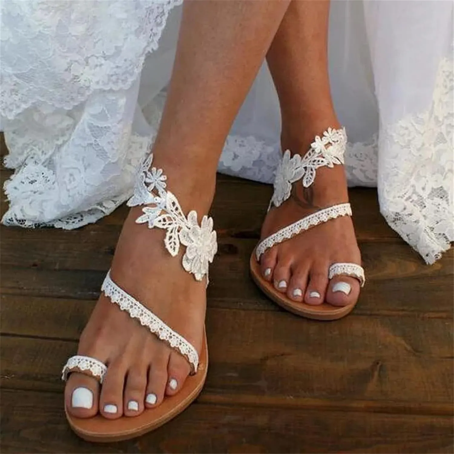 Women's Toe Ring Summer Beach Dressy Shoes Bohemia Casual Lace Flowers Flat Thong Roman Wedding Flip Flops Comfy Slip on Sandals Outdoor Beach Shoes,White,US9/EU40