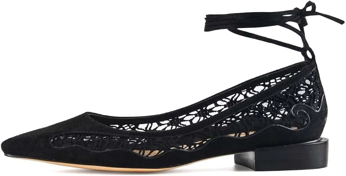 XYD Women Dressy Cut Out Lace Sandals Low Heel Rhinestone Mesh Pointed Toe Comfortable Gladiator Slip On Fashion Wedding Flat Shoes