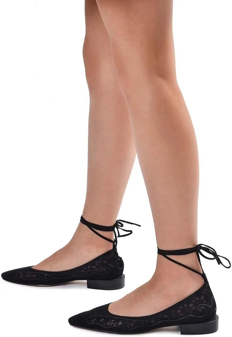 XYD Women Dressy Cut Out Lace Sandals Low Heel Rhinestone Mesh Pointed Toe Comfortable Gladiator Slip On Fashion Wedding Flat Shoes