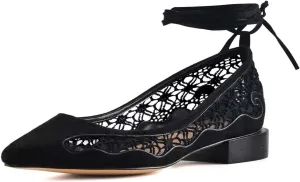 XYD Women Dressy Cut Out Lace Sandals Low Heel Rhinestone Mesh Pointed Toe Comfortable Gladiator Slip On Fashion Wedding Flat Shoes