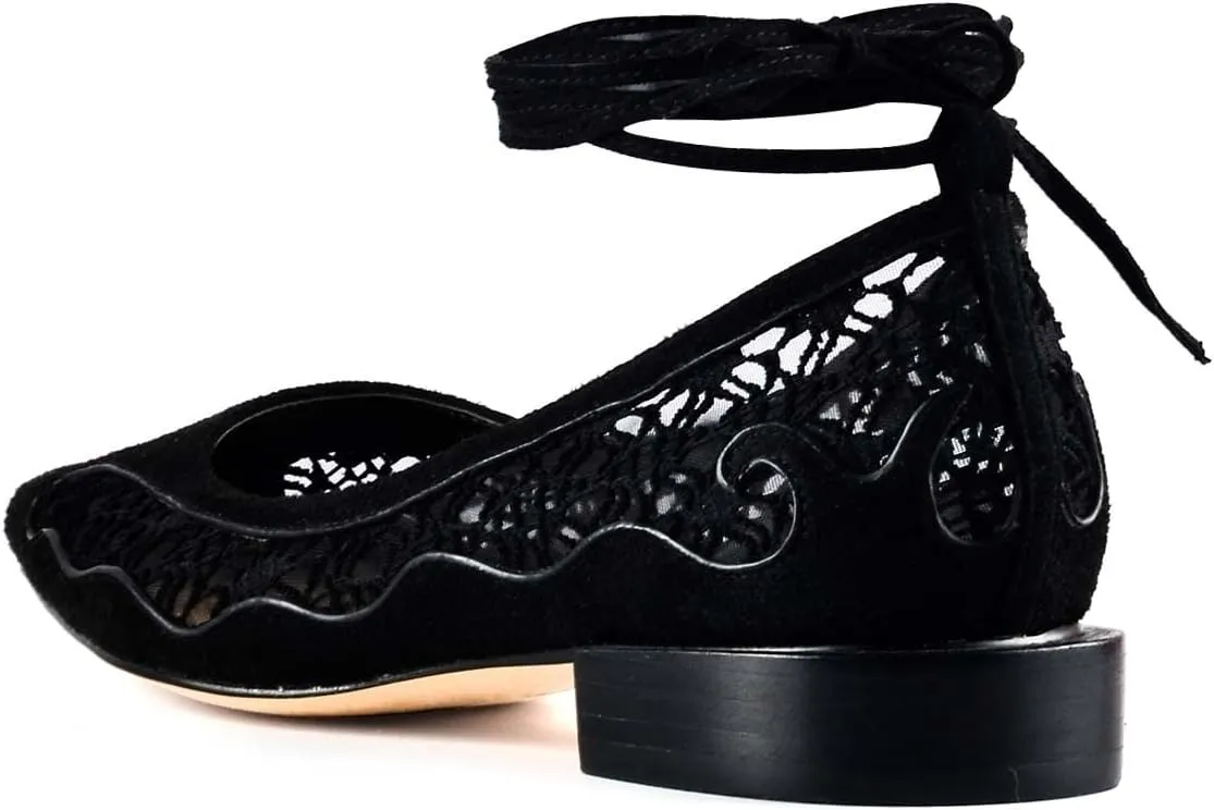 XYD Women Dressy Cut Out Lace Sandals Low Heel Rhinestone Mesh Pointed Toe Comfortable Gladiator Slip On Fashion Wedding Flat Shoes