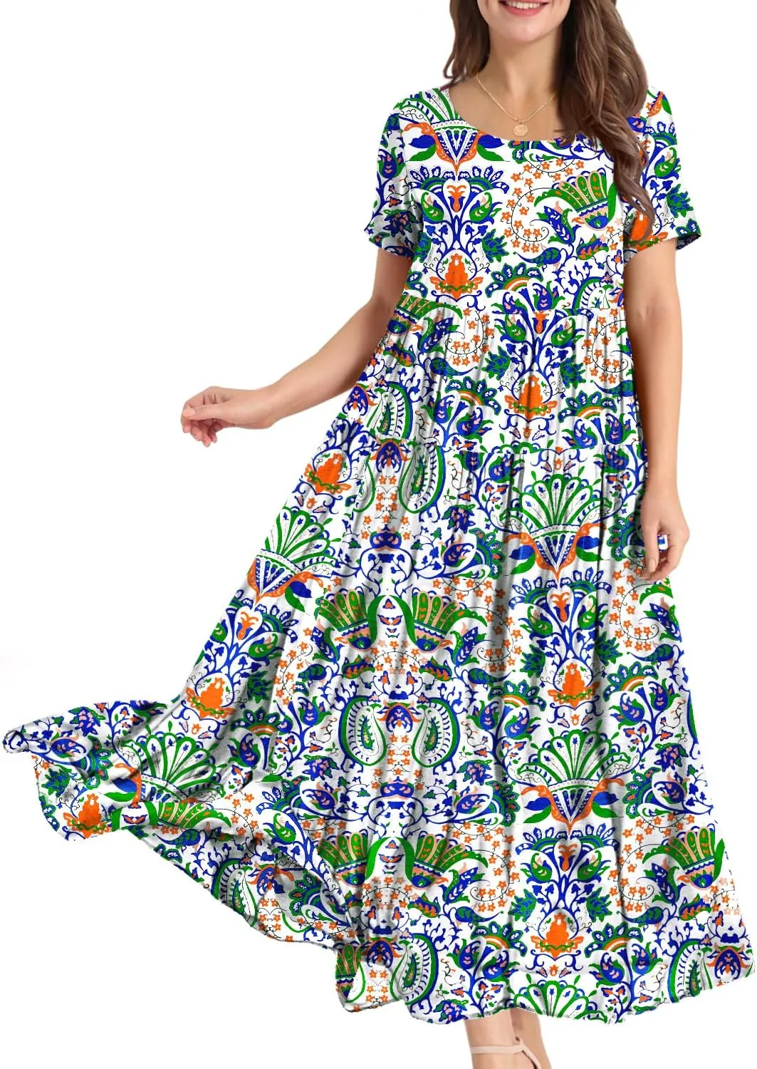YESNO Women Casual Loose Bohemian Floral Dress with Pockets Short Sleeve Long Maxi Summer Beach Swing Dress EJF