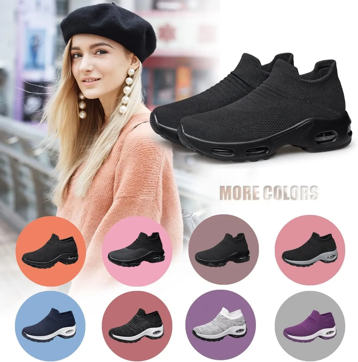 YHOON Women's Walking Shoes - Sock Sneakers Slip on Mesh Platform Air Cushion Athletic Shoes Work Nurse Comfortable