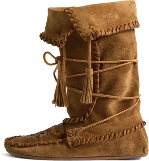Yishaweiqi Tassel Suede Moccasin Boots for Women Slouched Strappy Fold Over Mid Calf Pull On Lace Up Short Boots