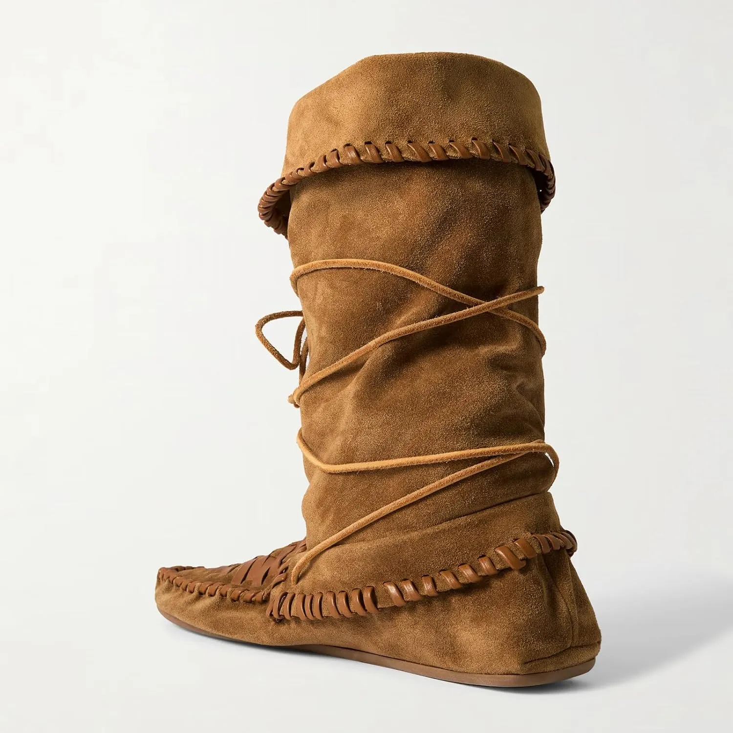 Yishaweiqi Tassel Suede Moccasin Boots for Women Slouched Strappy Fold Over Mid Calf Pull On Lace Up Short Boots