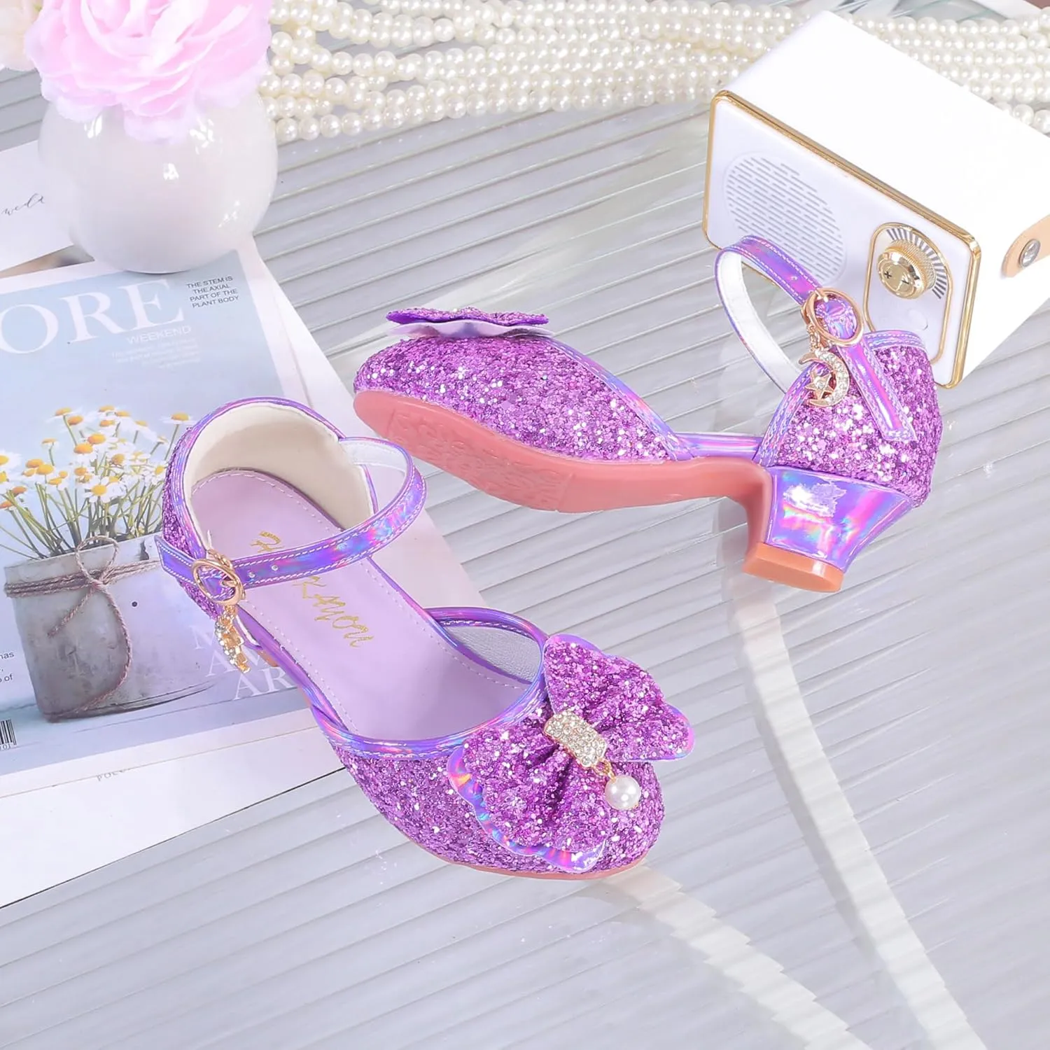 YUNICUS Girls Sandals Cosplay Clear Sparkle Jelly Dress Shoes with Bow Mary Jane Flats