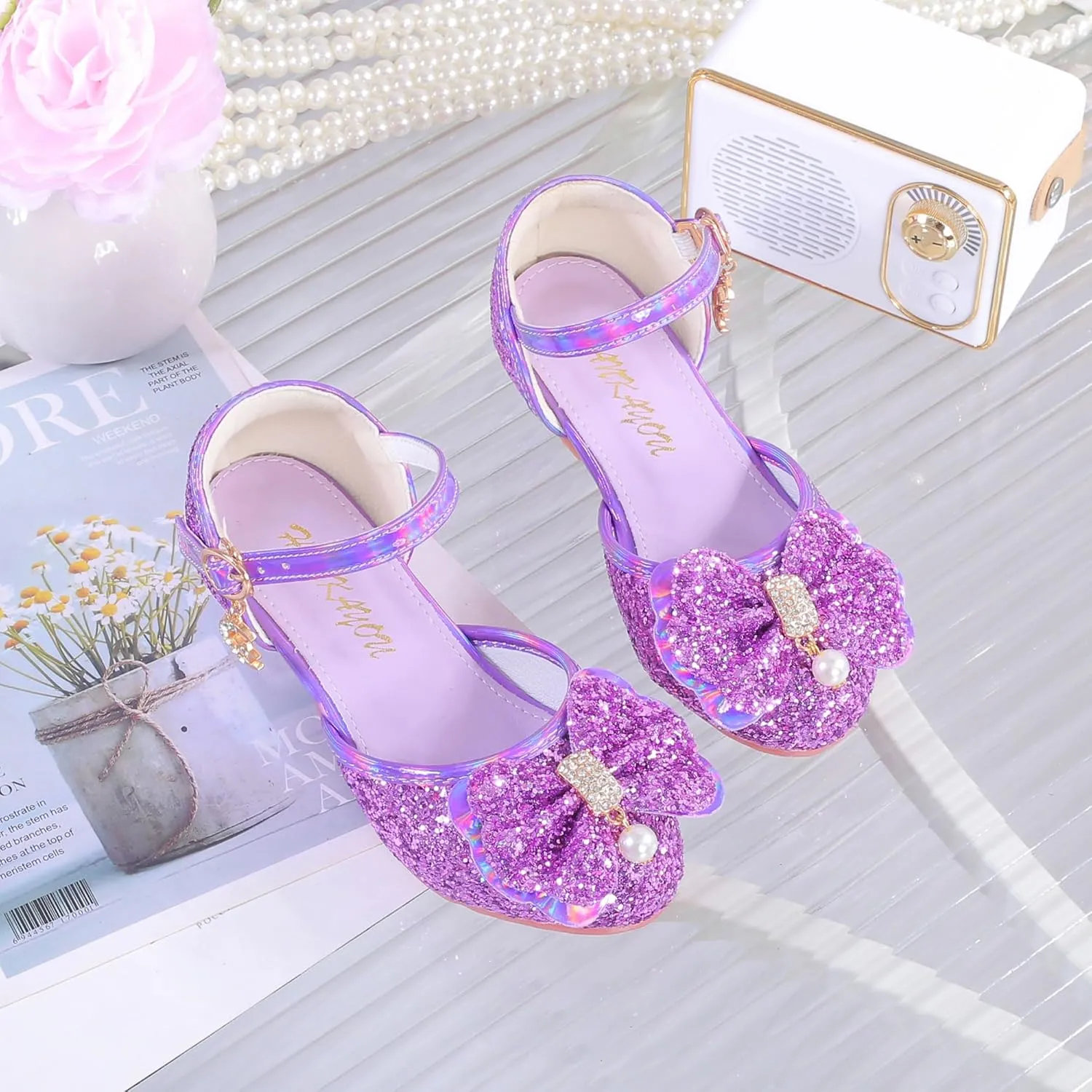 YUNICUS Girls Sandals Cosplay Clear Sparkle Jelly Dress Shoes with Bow Mary Jane Flats