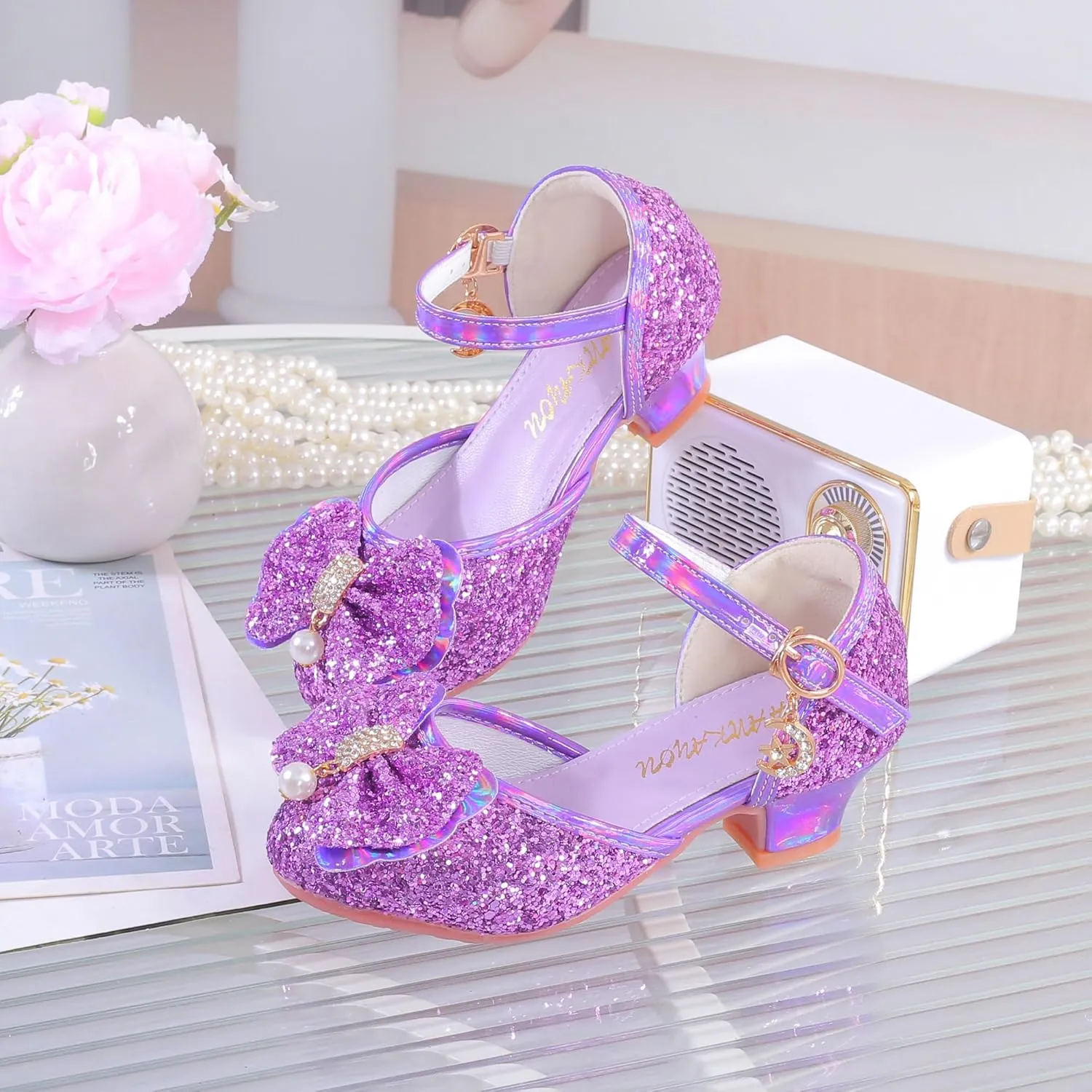 YUNICUS Girls Sandals Cosplay Clear Sparkle Jelly Dress Shoes with Bow Mary Jane Flats